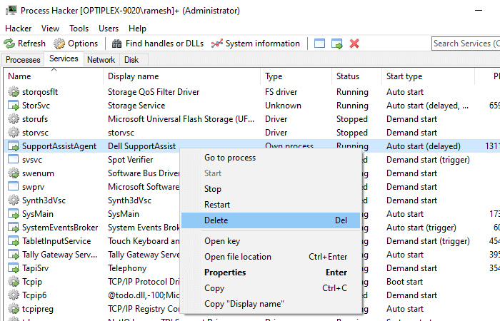 delete a windows service process hacker